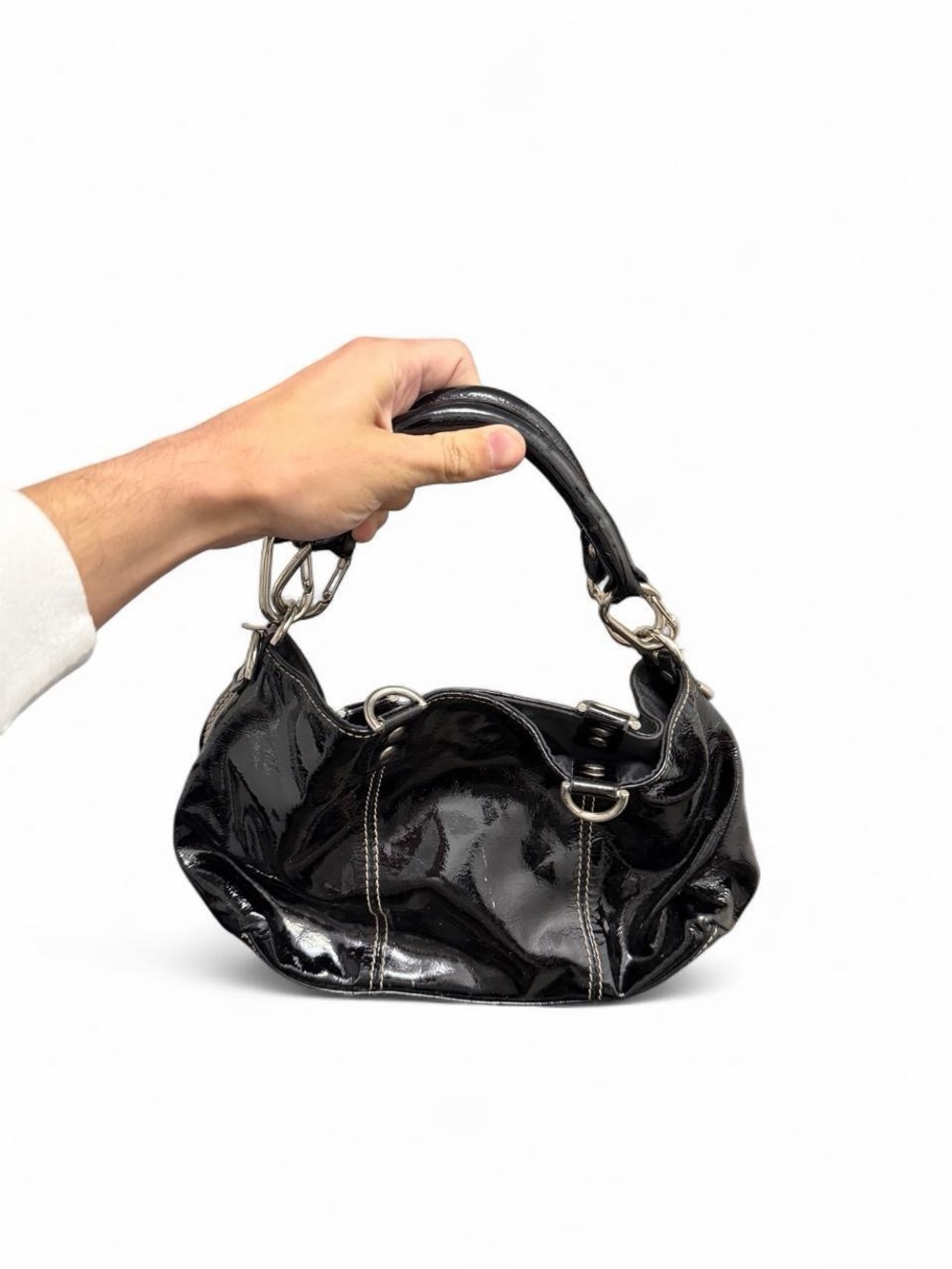 Plinio Visona Black Patent Leather Handbag Made in Italy Y2K Glossy Shoulder Bag